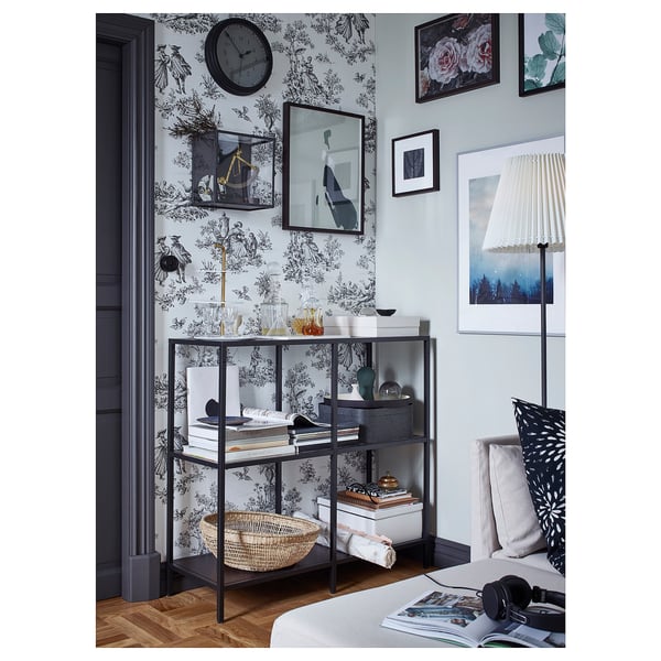 VITTSJÖ shelving unit, black-brown/glass, 100x93 cm