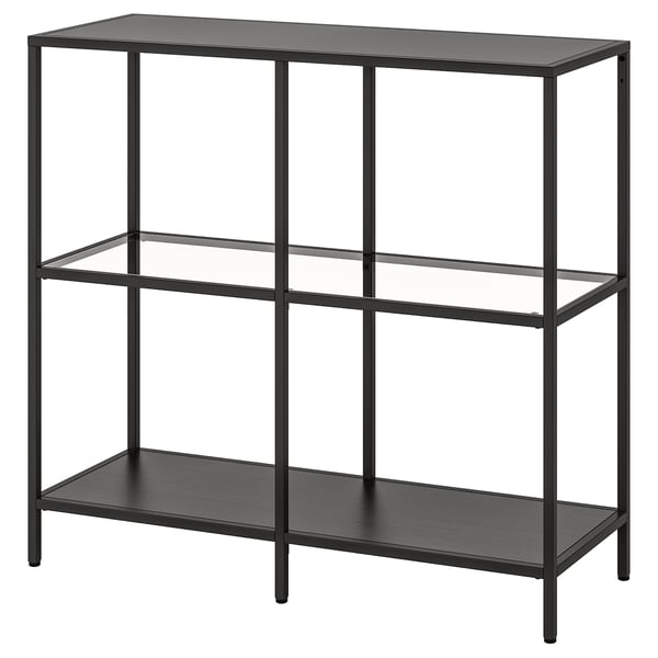 VITTSJÖ shelving unit, black-brown/glass, 100x93 cm