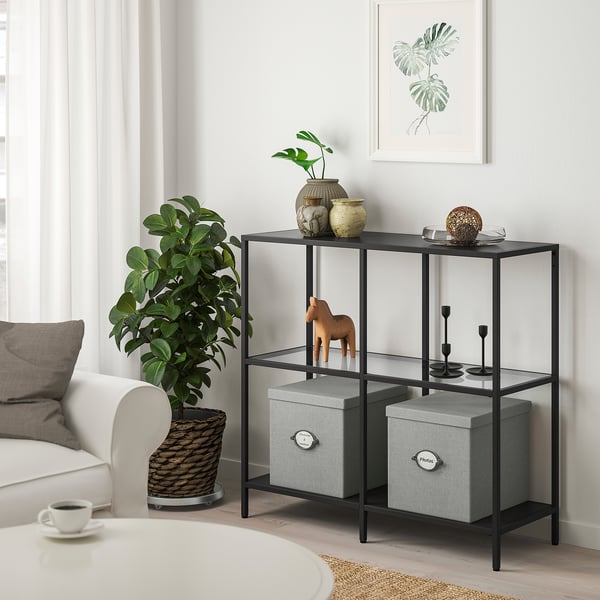 VITTSJÖ shelving unit, black-brown/glass, 100x93 cm