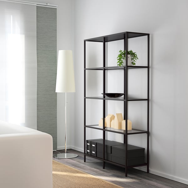 VITTSJÖ shelving unit, black-brown/glass, 100x175 cm