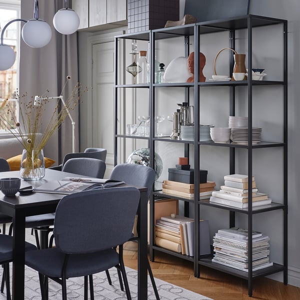 VITTSJÖ shelving unit, black-brown/glass, 51x175 cm