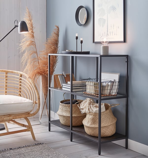 VITTSJÖ shelving unit, black-brown/glass, 100x93 cm