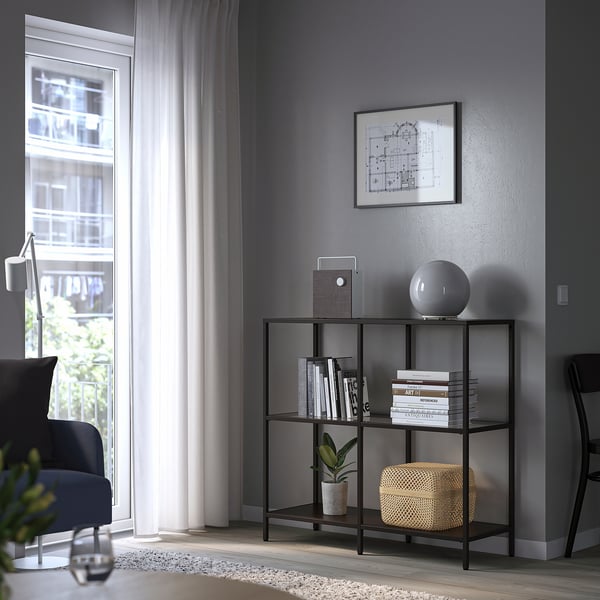 VITTSJÖ shelving unit, black-brown/glass, 100x93 cm