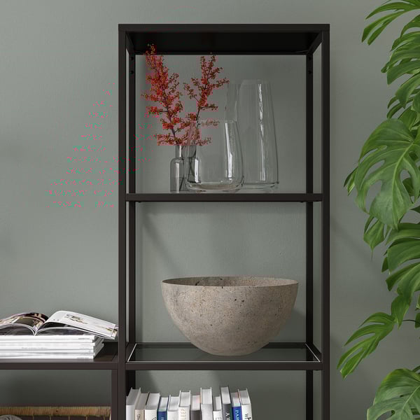 VITTSJÖ shelving unit, black-brown/glass, 51x175 cm