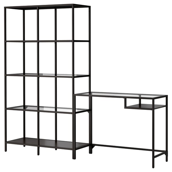 VITTSJÖ - VITTSJÖ Shelving unit with laptop table, black-brown/glass, 200x36x175 cm