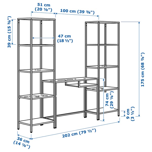 VITTSJÖ - VITTSJÖ Shelving unit with laptop table, black-brown/glass, 202x36x175 cm