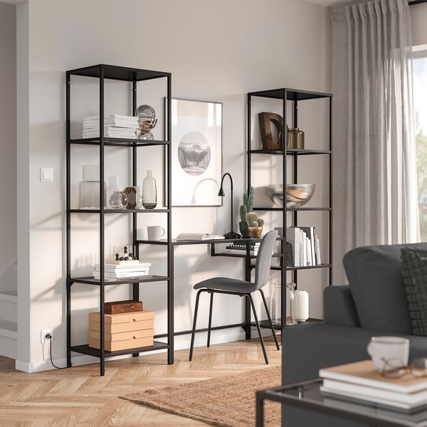 VITTSJÖ - VITTSJÖ Shelving unit with laptop table, black-brown/glass, 202x36x175 cm