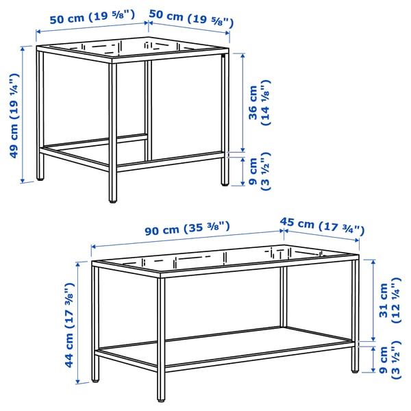 VITTSJÖ nest of tables, set of 2, black-brown/glass, 90x50 cm