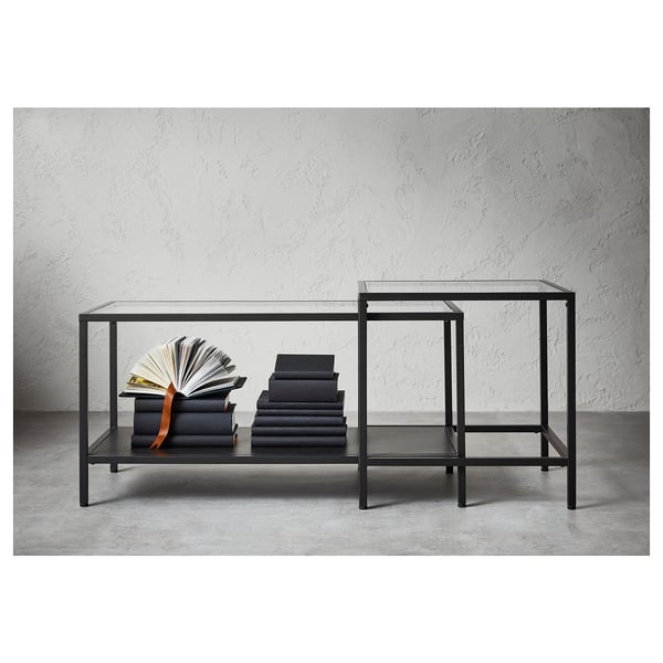 VITTSJÖ nest of tables, set of 2, black-brown/glass, 90x50 cm