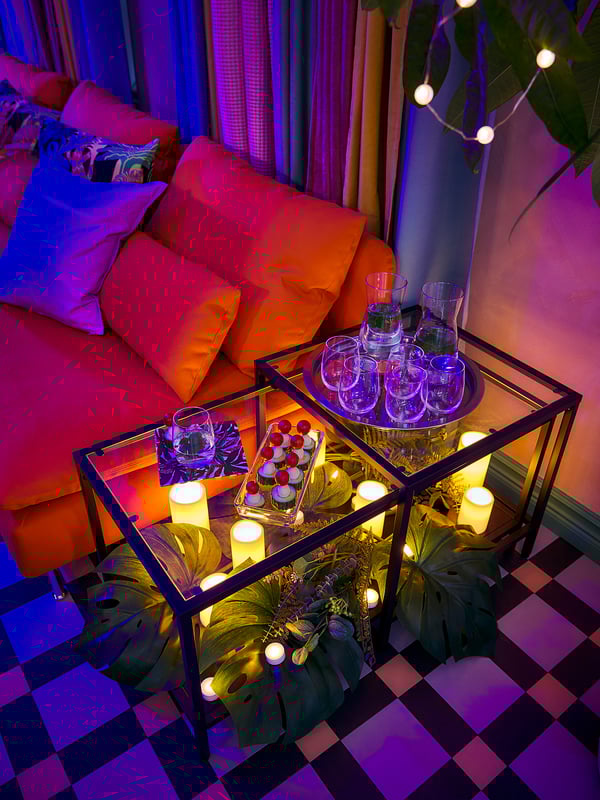 VITTSJÖ nest of tables, set of 2, black-brown/glass, 90x50 cm