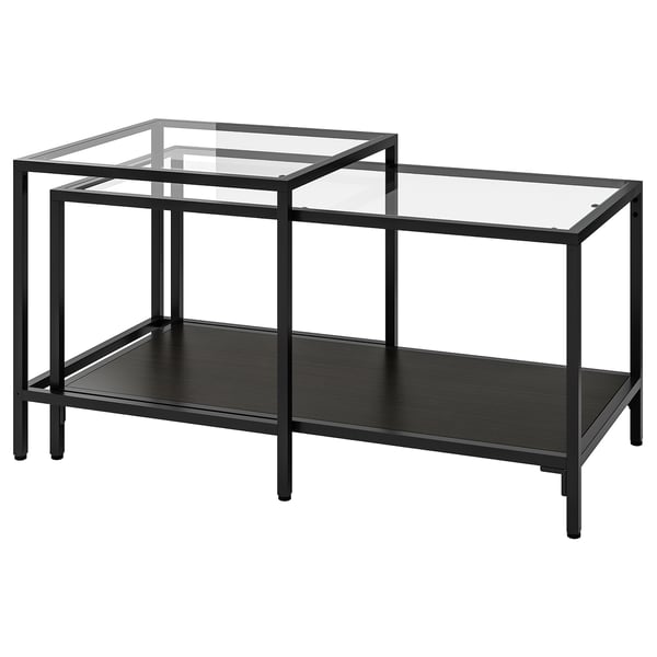 VITTSJÖ nest of tables, set of 2, black-brown/glass, 90x50 cm
