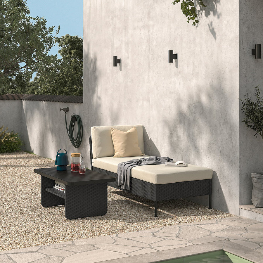 VITTSKÄR modular chaise longue, outdoor plastic rattan dark grey/Frösön/Duvholmen beige, 80x79x169 cm