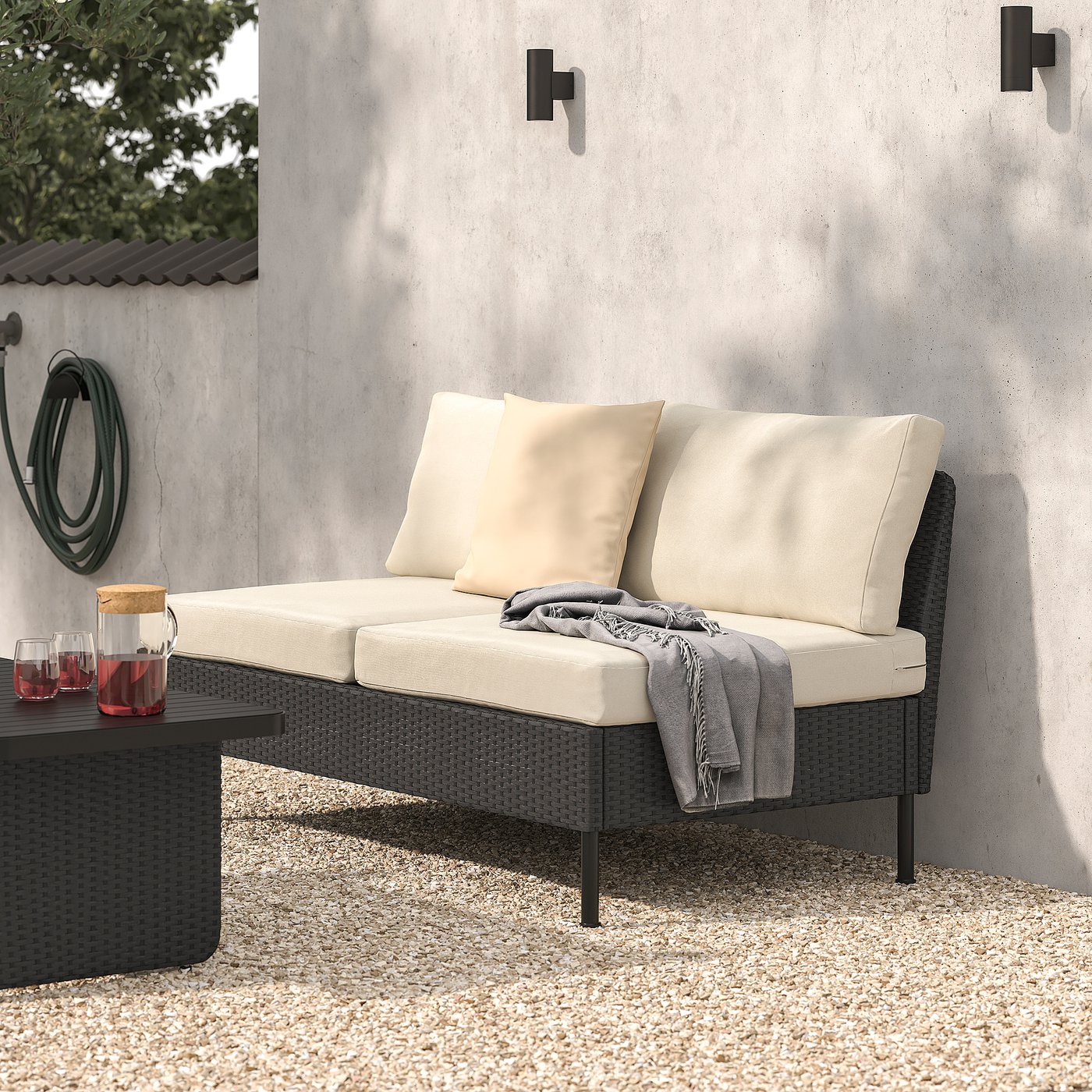 VITTSKÄR 2-seat sofa, outdoor plastic rattan dark grey/Frösön/Duvholmen beige, 160x88x89 cm