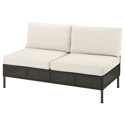 VITTSKÄR 2-seat sofa, outdoor plastic rattan dark grey/Frösön/Duvholmen beige, 160x88x89 cm