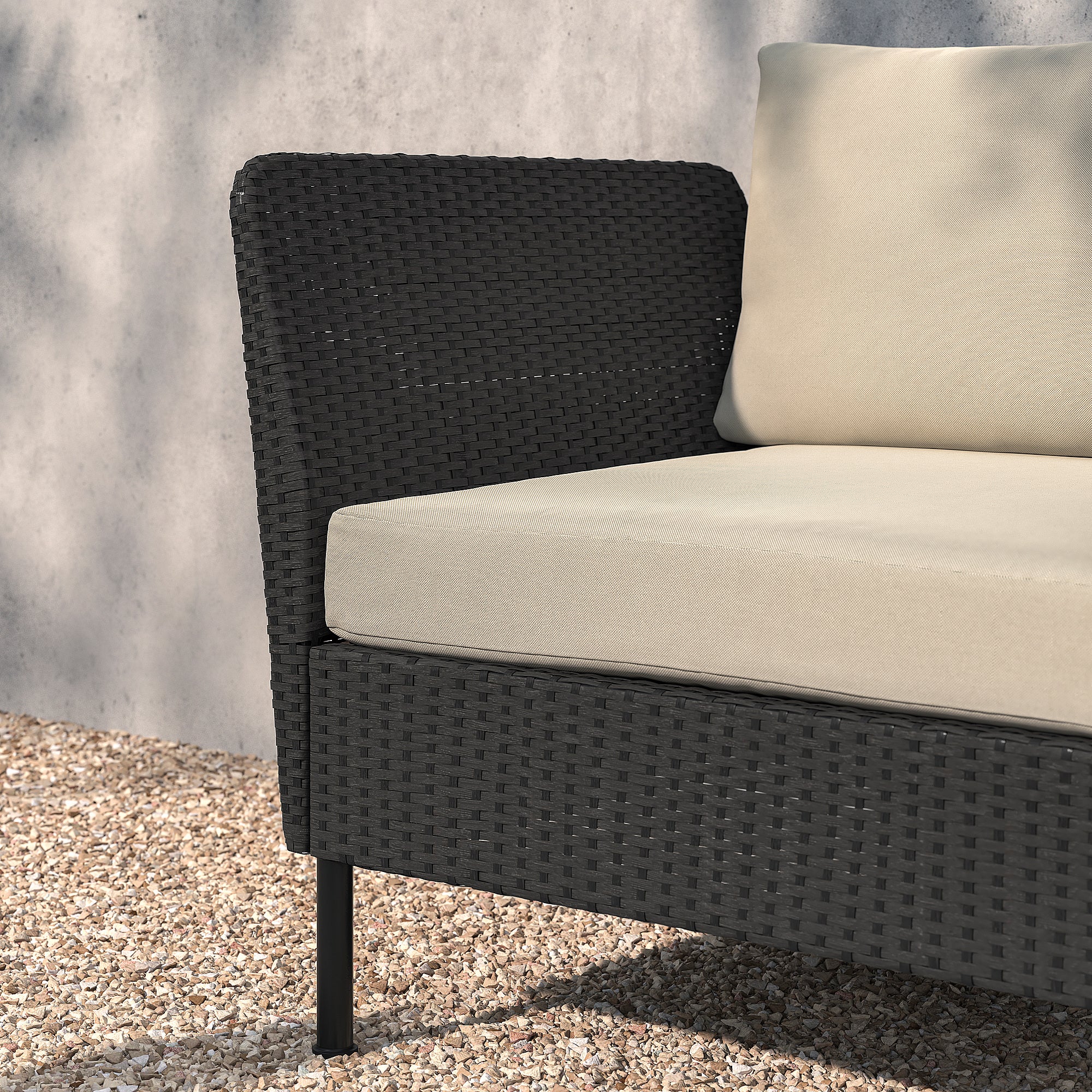 VITTSKÄR 3-seat sofa, armrests outdoor/plastic rattan dark grey Frösön/Duvholmen beige, 258 cm
