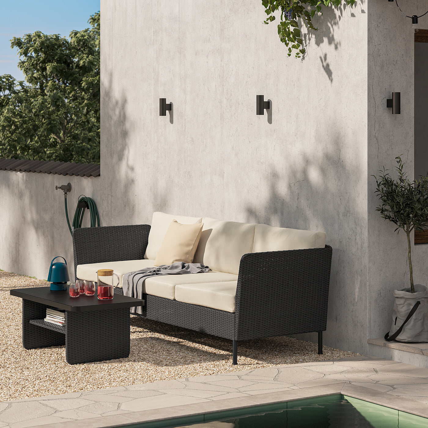 VITTSKÄR 3-seat sofa, armrests outdoor/plastic rattan dark grey Frösön/Duvholmen beige, 258 cm