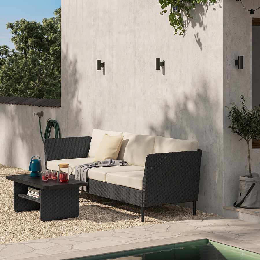 VITTSKÄR 3-seat sofa, armrests outdoor/plastic rattan dark grey Frösön/Duvholmen beige, 258 cm
