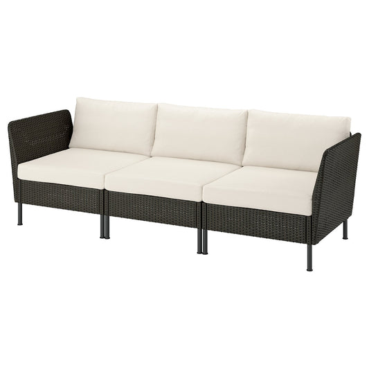 VITTSKÄR 3-seat modular sofa, armrests outdoor/plastic rattan dark grey Frösön/Duvholmen beige, 240x88x89 cm