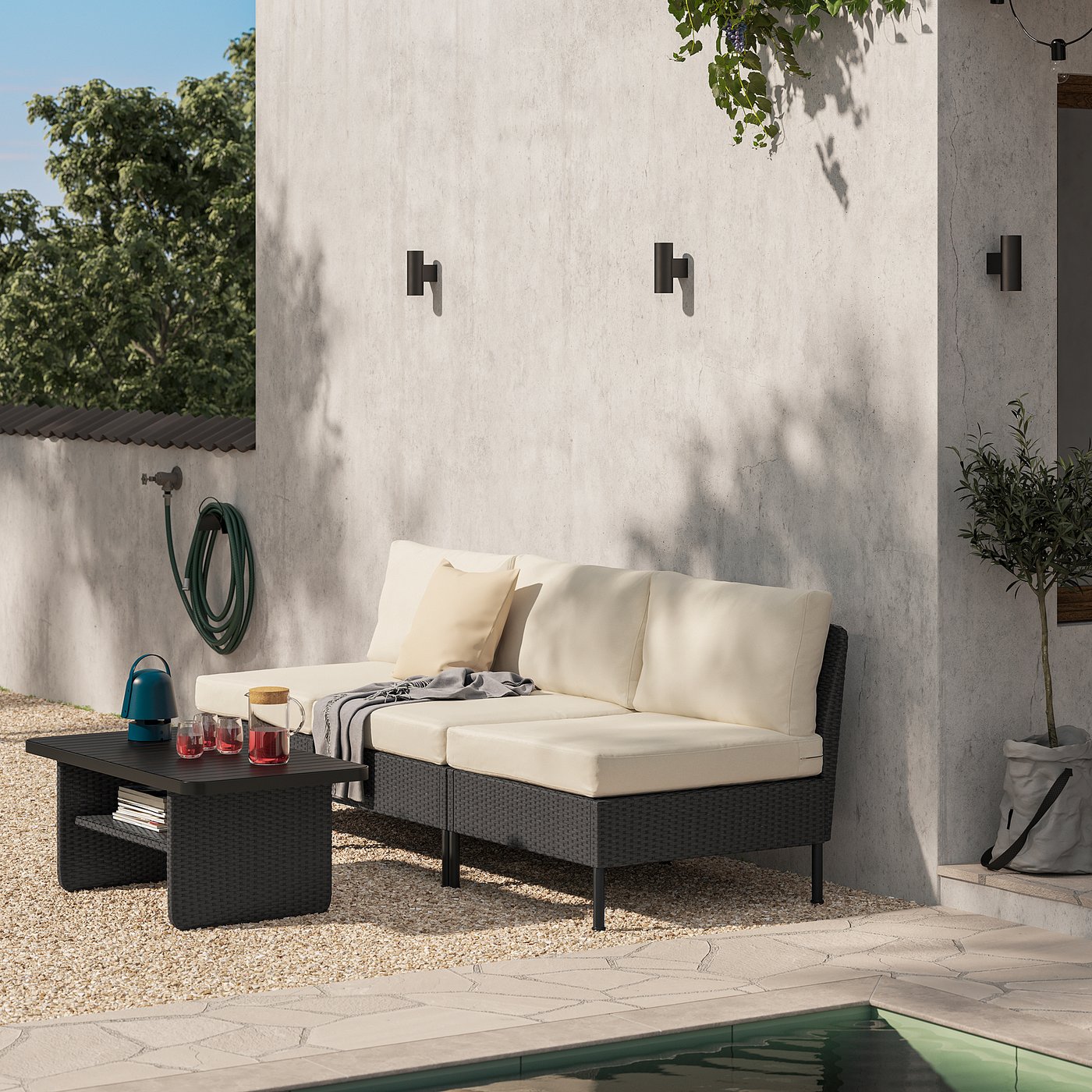 VITTSKÄR 3-seat modular sofa, outdoor plastic rattan dark grey/Frösön/Duvholmen beige, 240x88x89 cm