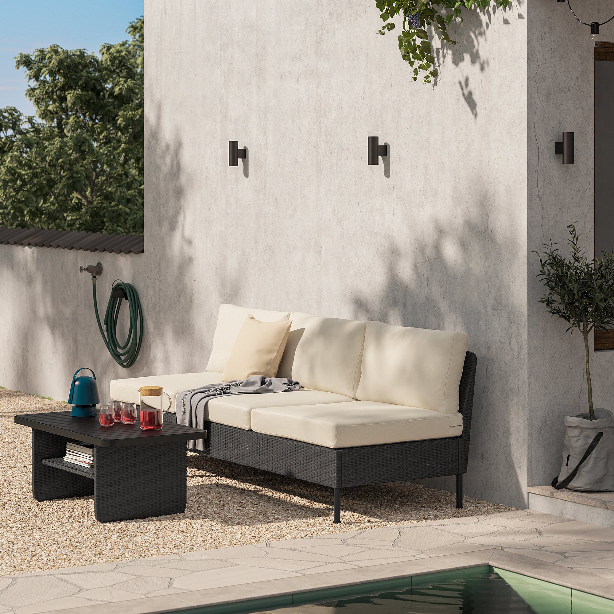 VITTSKÄR 3-seat sofa, outdoor plastic rattan dark grey/Frösön/Duvholmen beige, 240x88x89 cm