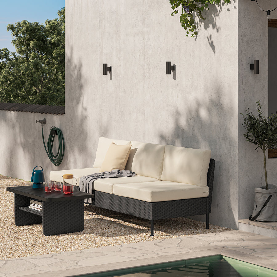 VITTSKÄR 3-seat sofa, outdoor plastic rattan dark grey/Frösön/Duvholmen beige, 240x88x89 cm