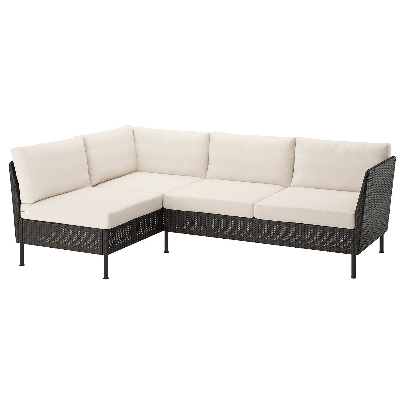 VITTSKÄR 3-seat modular corner sofa, outdoor plastic rattan dark grey/Frösön/Duvholmen beige, 224x79 cm