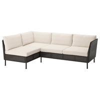 VITTSKÄR 3-seat modular corner sofa, outdoor plastic rattan dark grey/Frösön/Duvholmen beige, 224x79 cm