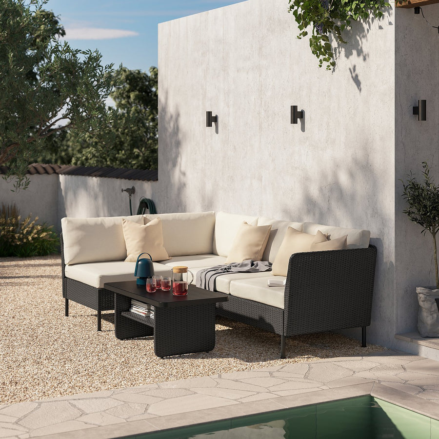 VITTSKÄR 3-seat modular corner sofa, outdoor/plastic rattan dark grey, 240x79 cm