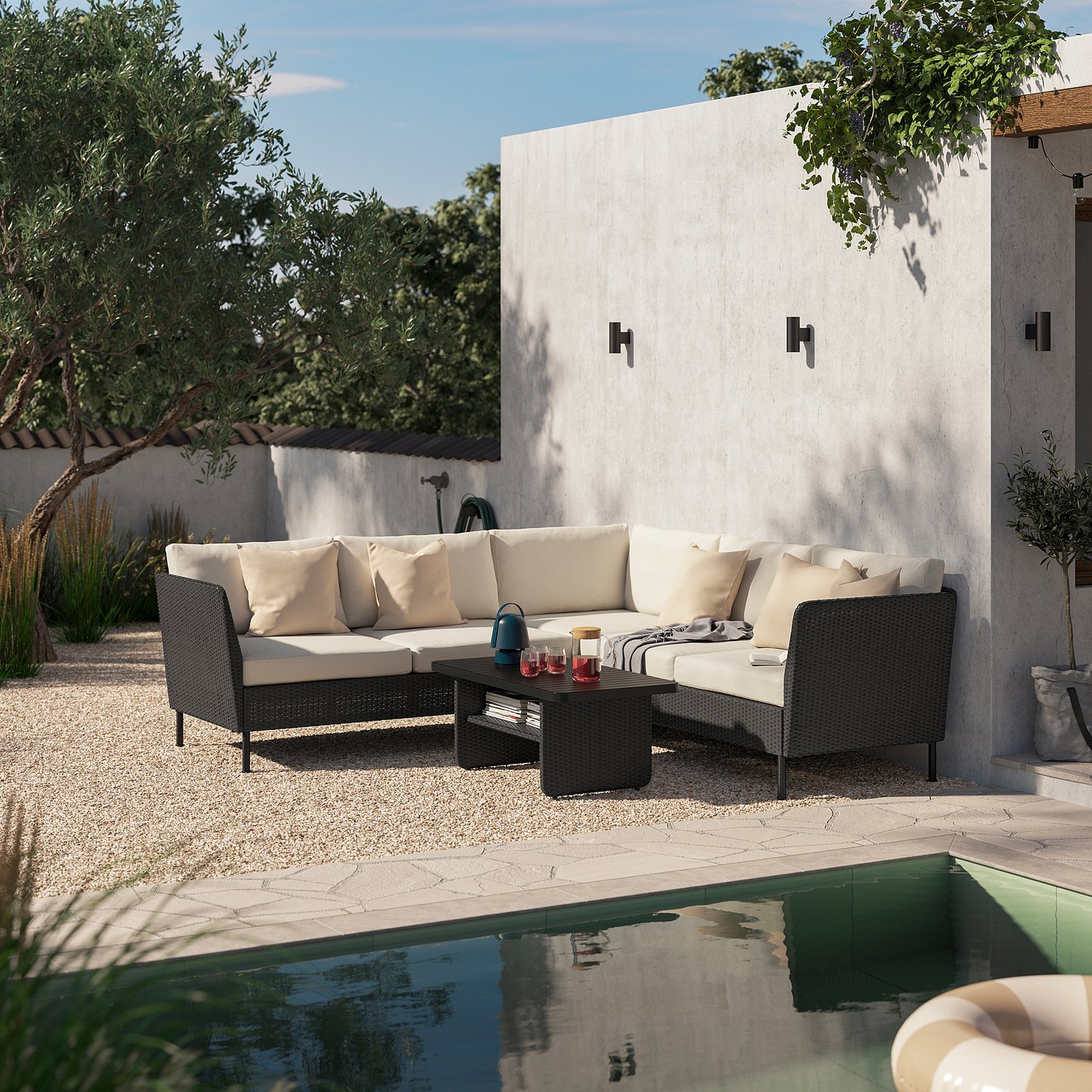 VITTSKÄR 4-seat modular corner sofa, outdoor plastic rattan dark grey/Frösön/Duvholmen beige, 208x79 cm