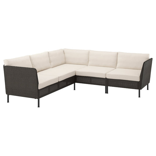 VITTSKÄR 4-seat modular corner sofa, outdoor plastic rattan dark grey/Frösön/Duvholmen beige, 208x79 cm