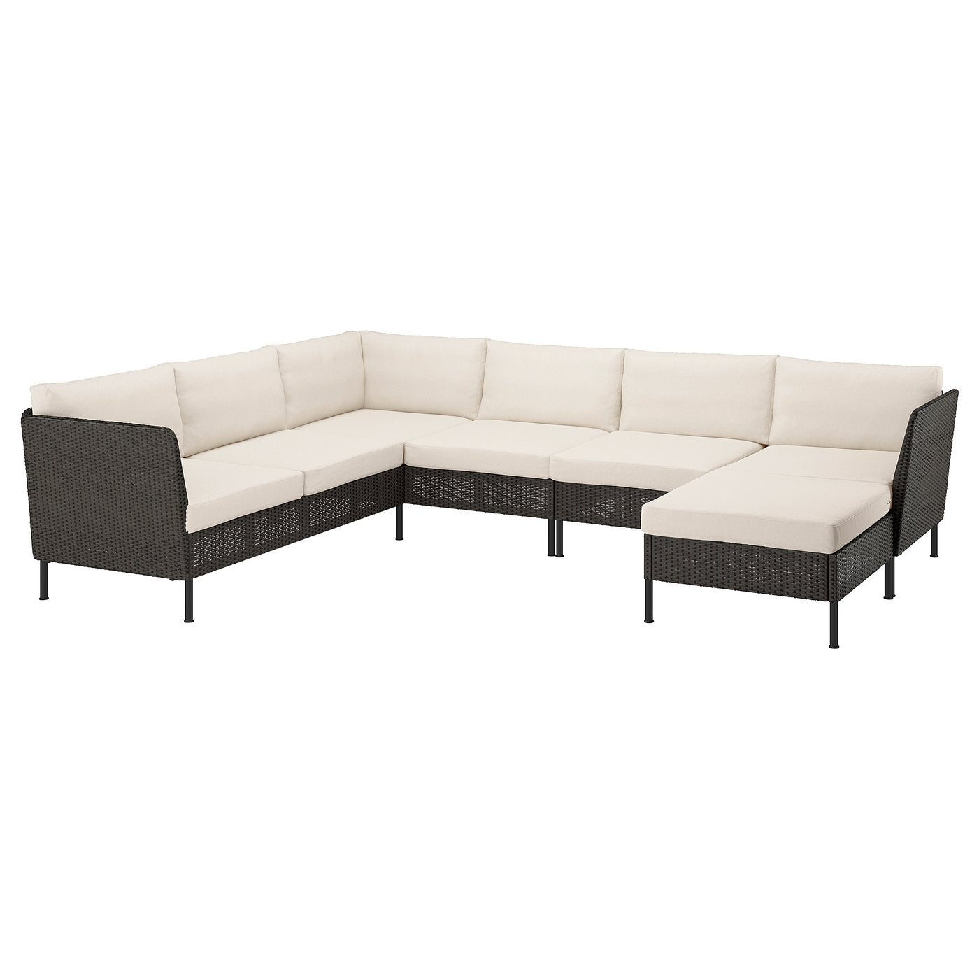 VITTSKÄR 5-seat modular corner sofa, outdoor plastic rattan dark grey/Frösön/Duvholmen beige, 288x88x169 cm