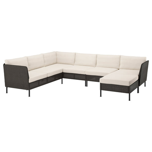 VITTSKÄR 5-seat modular corner sofa, outdoor plastic rattan dark grey/Frösön/Duvholmen beige, 288x88x169 cm