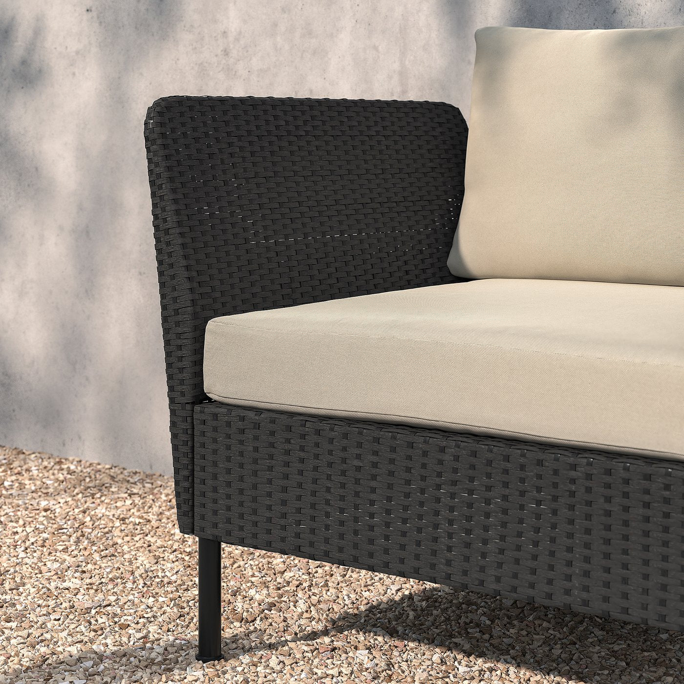 VITTSKÄR 2-seat modular sofa, armrests outdoor/plastic rattan dark grey Frösön/Duvholmen beige, 160x88x89 cm