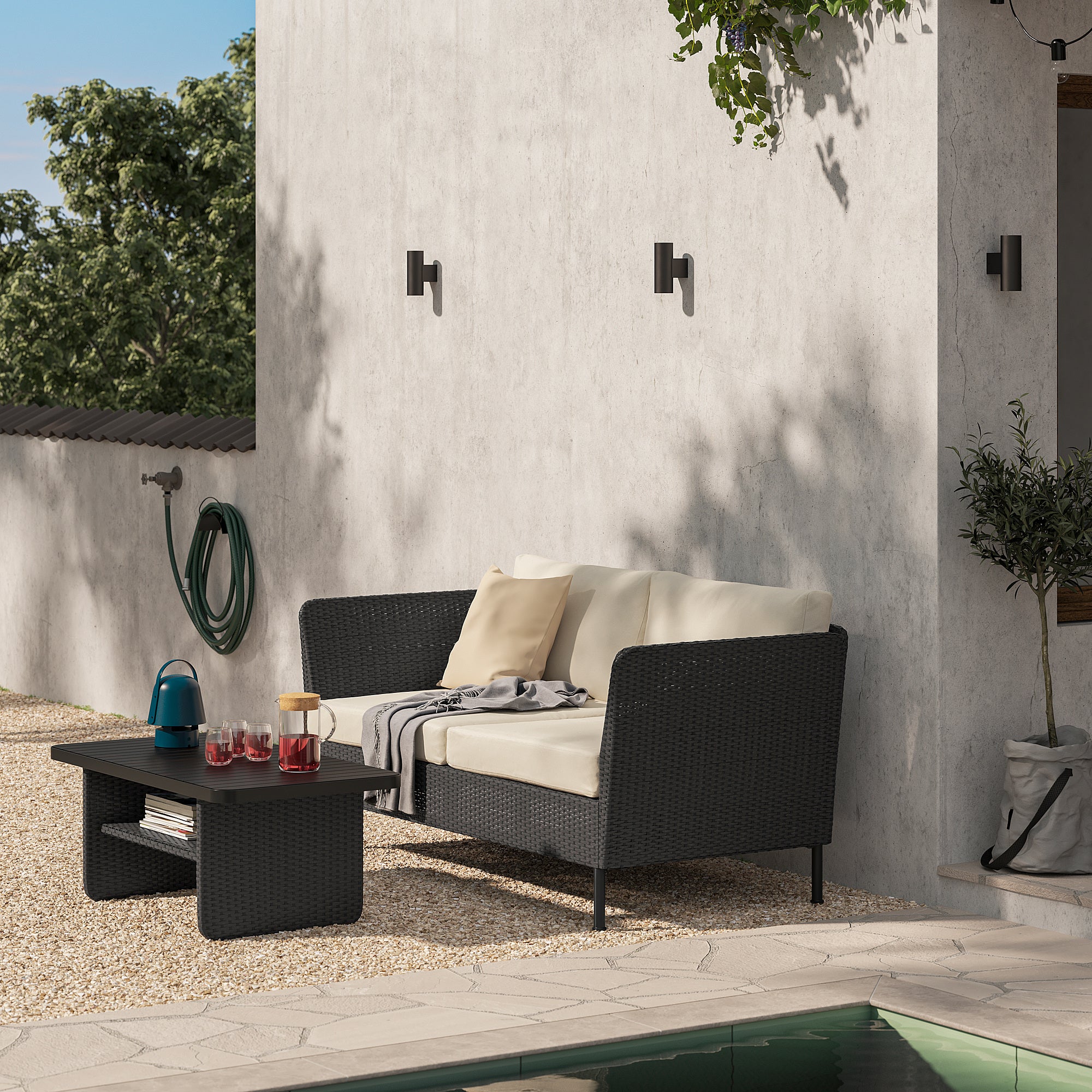 VITTSKÄR 2-seat modular sofa, armrests outdoor/plastic rattan dark grey Frösön/Duvholmen beige, 178x88x89 cm