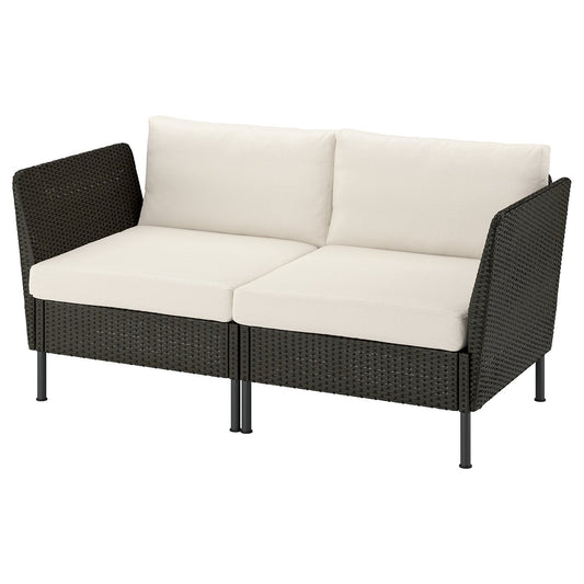 VITTSKÄR 2-seat modular sofa, armrests outdoor/plastic rattan dark grey Frösön/Duvholmen beige, 160x88x89 cm