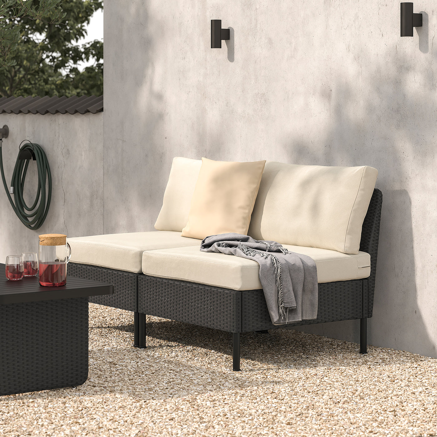 VITTSKÄR 2-seat modular sofa, outdoor plastic rattan dark grey/Frösön/Duvholmen beige, 160x88x89 cm