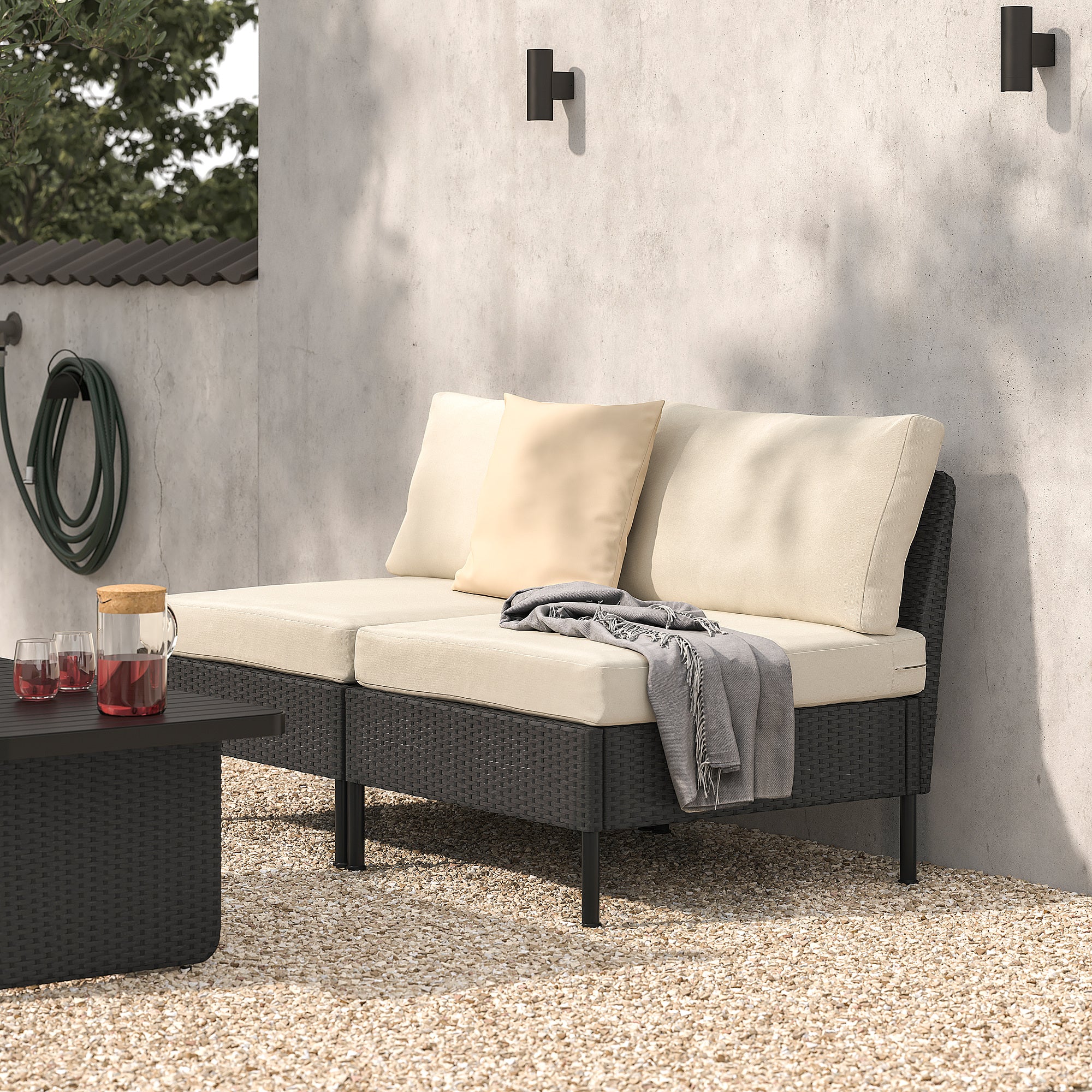 VITTSKÄR 2-seat modular sofa, outdoor plastic rattan dark grey/Frösön/Duvholmen beige, 160x88x89 cm