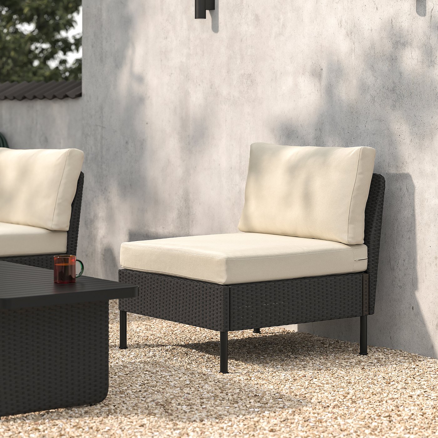 VITTSKÄR modular easy chair, outdoor plastic rattan dark grey/Frösön/Duvholmen beige, 80x88x89 cm