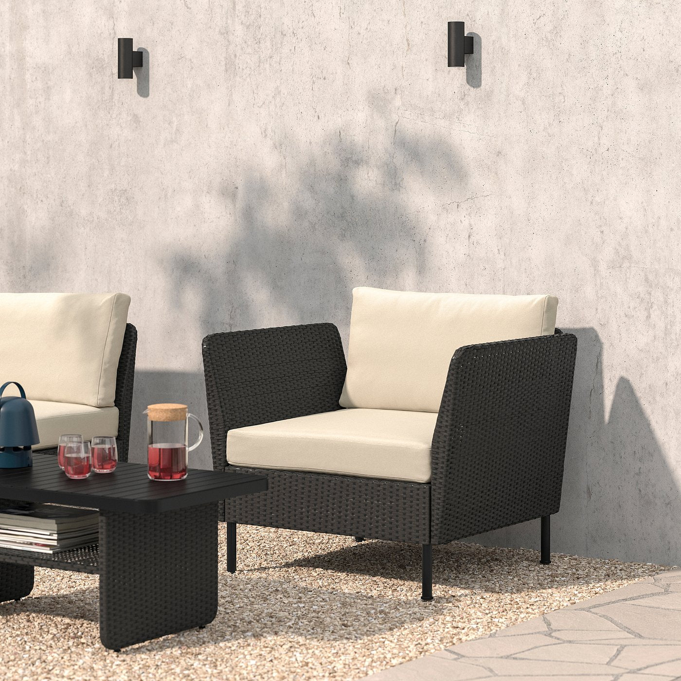 VITTSKÄR modular lounge chair, plastic rattan dark grey/Frösön/Duvholmen beige, 98x88x89 cm