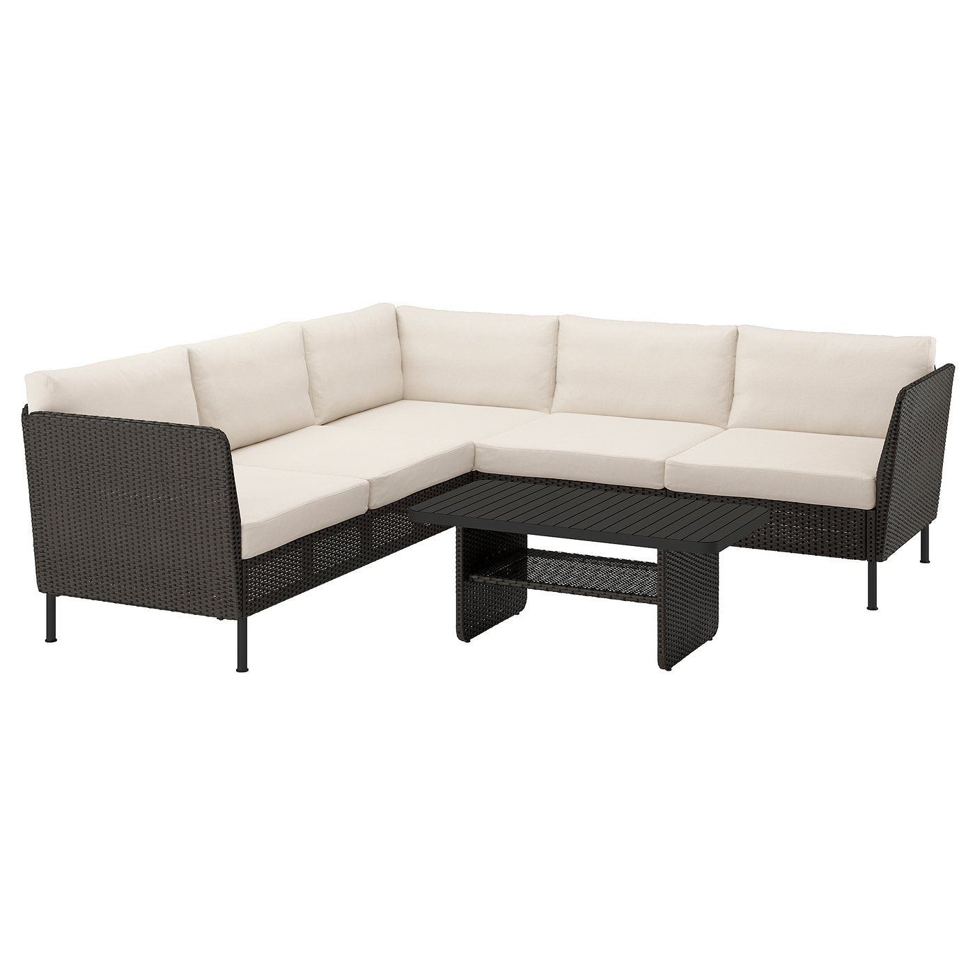 VITTSKÄR 4-seat conversation set, outdoor, outdoor plastic rattan dark grey/Frösön/Duvholmen beige, 110x58 cm