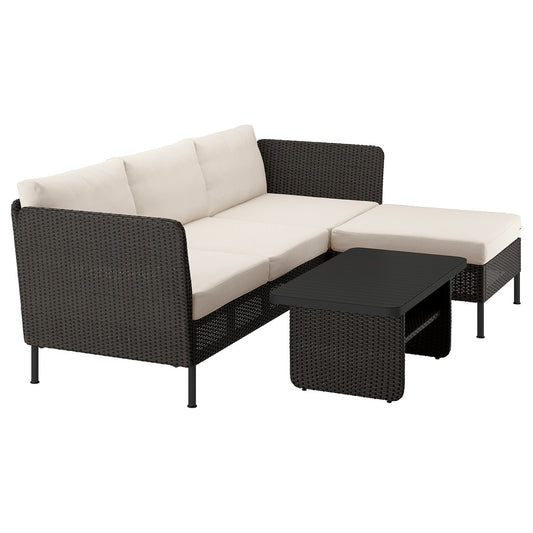 VITTSKÄR 3-seat conversation set, with chaise longue outdoor/plastic rattan dark grey Frösön/Duvholmen beige, 110x58 cm