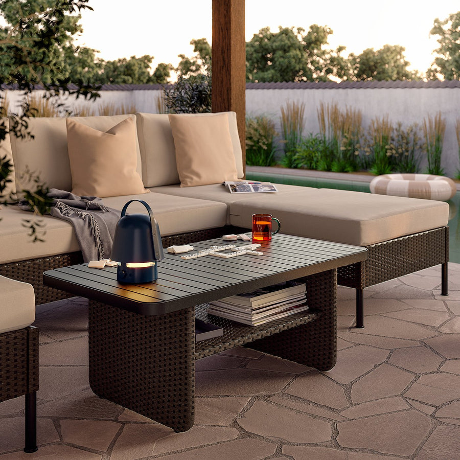 VITTSKÄR 3-seat conversation set, with chaise longue outdoor/plastic rattan dark grey, 258x79x89 cm