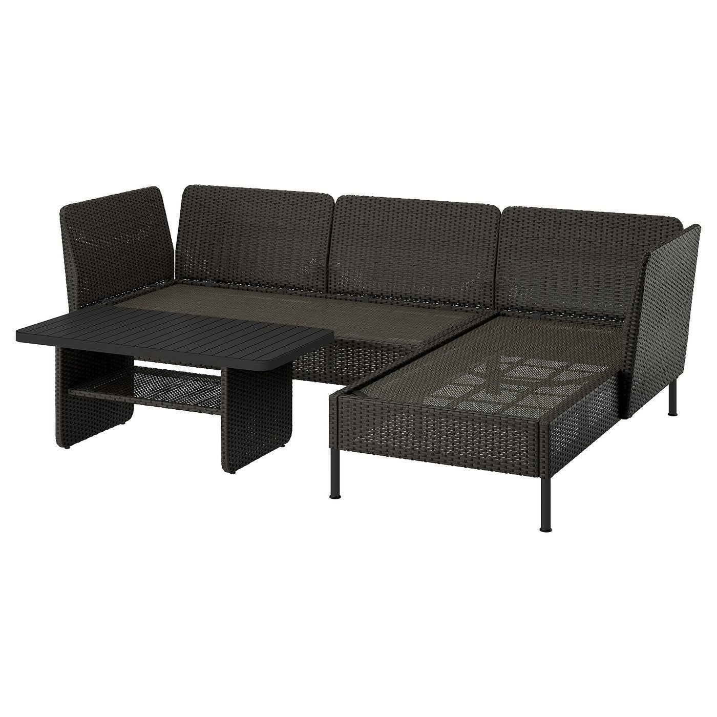 VITTSKÄR 3-seat conversation set, with chaise longue outdoor/plastic rattan dark grey, 110x58 cm