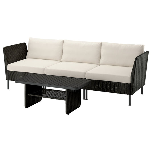 VITTSKÄR 3-seat conversation set, outdoor plastic rattan dark grey/Frösön/Duvholmen beige, 110x58 cm
