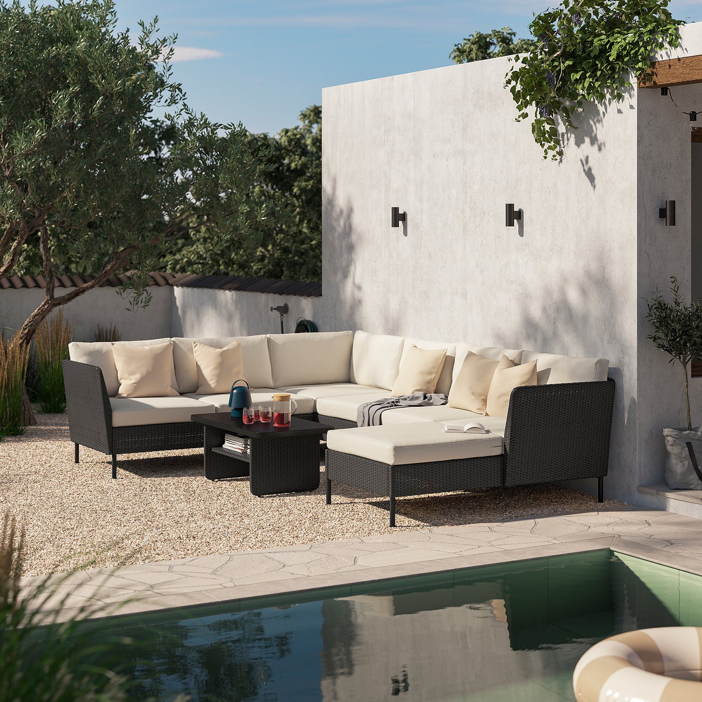 VITTSKÄR 5-seat conversation set, outdoor, with chaise longue/plastic rattan dark grey Frösön/Duvholmen beige, 110x58 cm