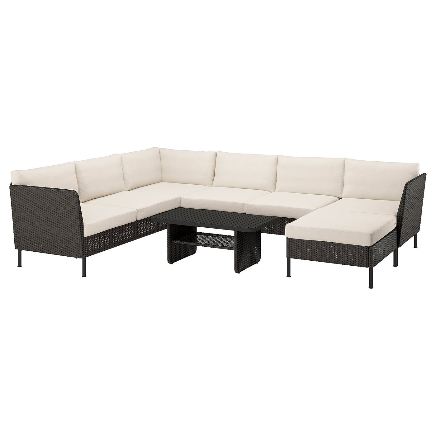 VITTSKÄR 5-seat conversation set, outdoor, with chaise longue/plastic rattan dark grey Frösön/Duvholmen beige, 110x58 cm