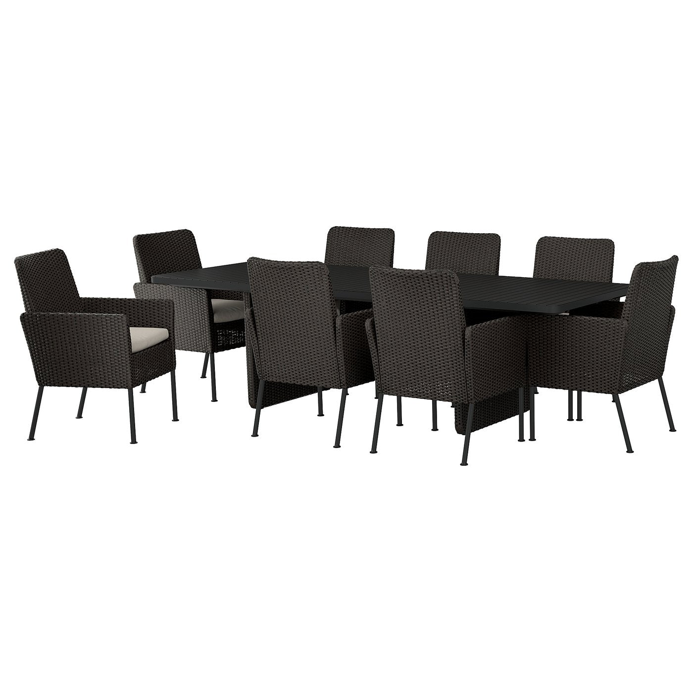 VITTSKÄR table and 8 chairs, outdoor plastic rattan dark grey/Frösön/Duvholmen beige, 264x59 cm