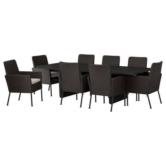 VITTSKÄR table and 8 chairs, outdoor plastic rattan dark grey/Frösön/Duvholmen beige, 264x59 cm
