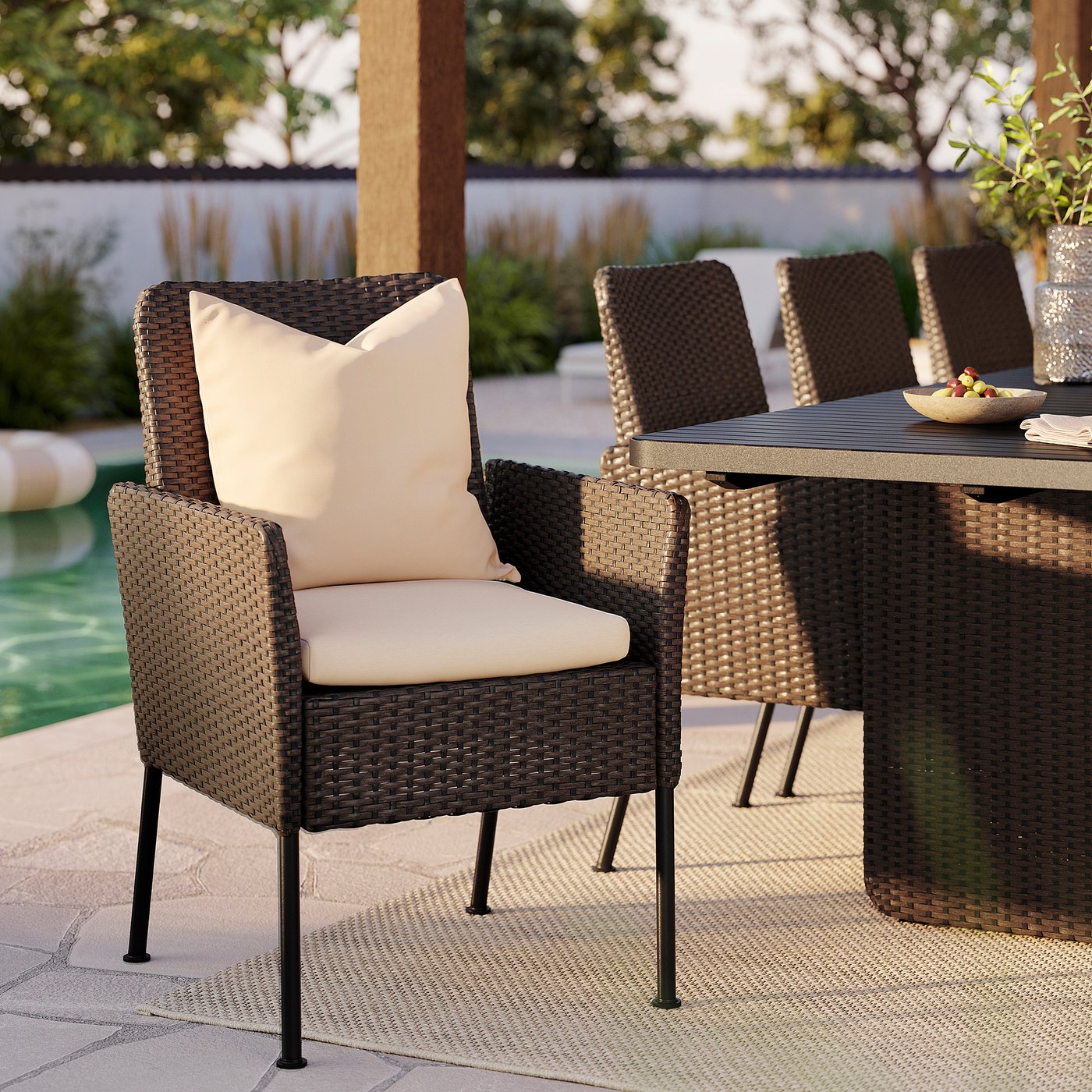 VITTSKÄR table and 8 chairs, outdoor plastic rattan dark grey/Frösön/Duvholmen beige, 264x59 cm