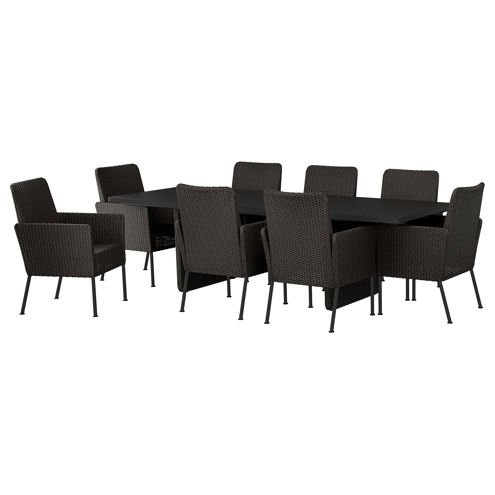 VITTSKÄR table and 8 chairs, outdoor plastic rattan dark grey, 264x96 cm